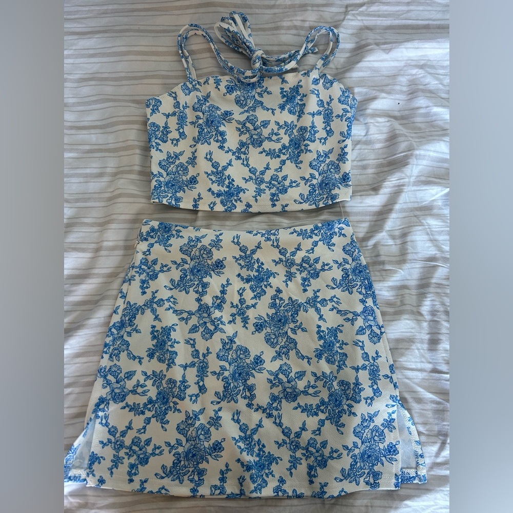 blue and white floral skirt and top set
